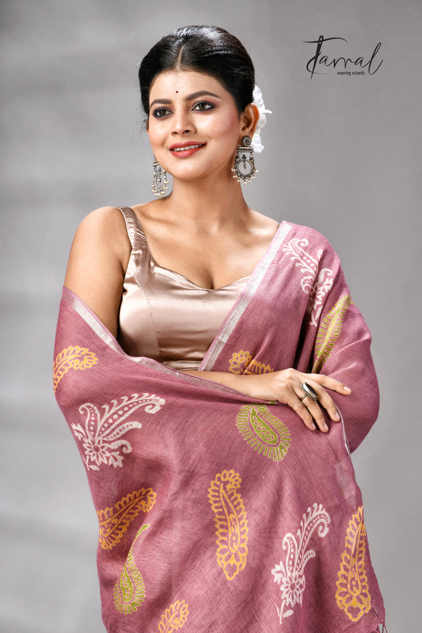 Onion Pink Colour Pure Linen Hand Block Printed Saree