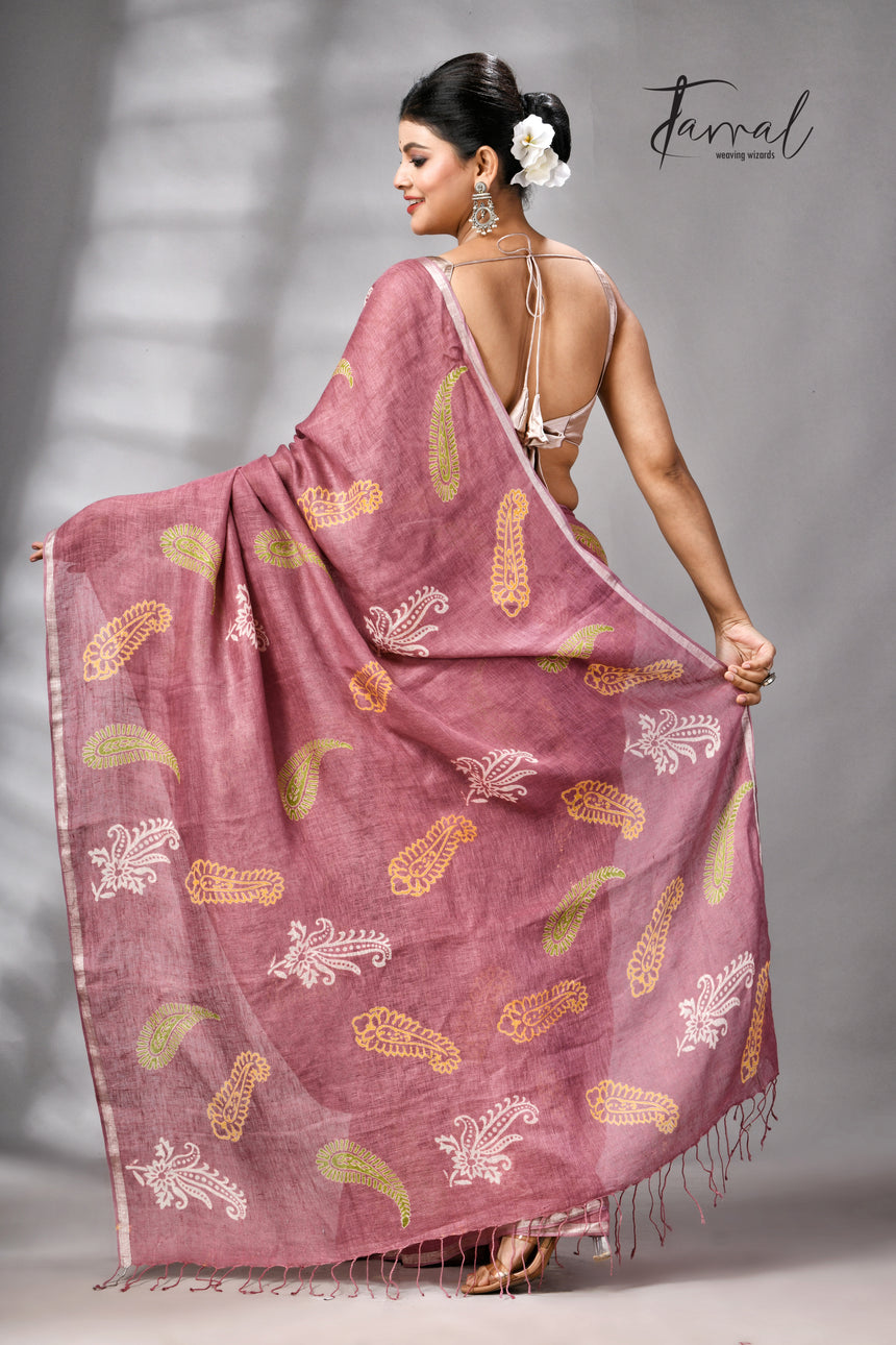Onion Pink Colour Pure Linen Hand Block Printed Saree