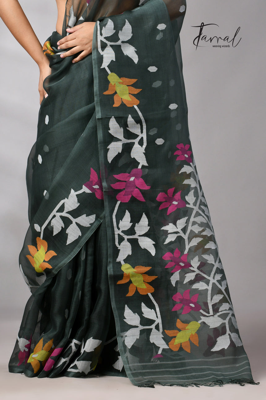 Charcoal Green Muslin Silk Jamdani Saree with Floral Motifs
