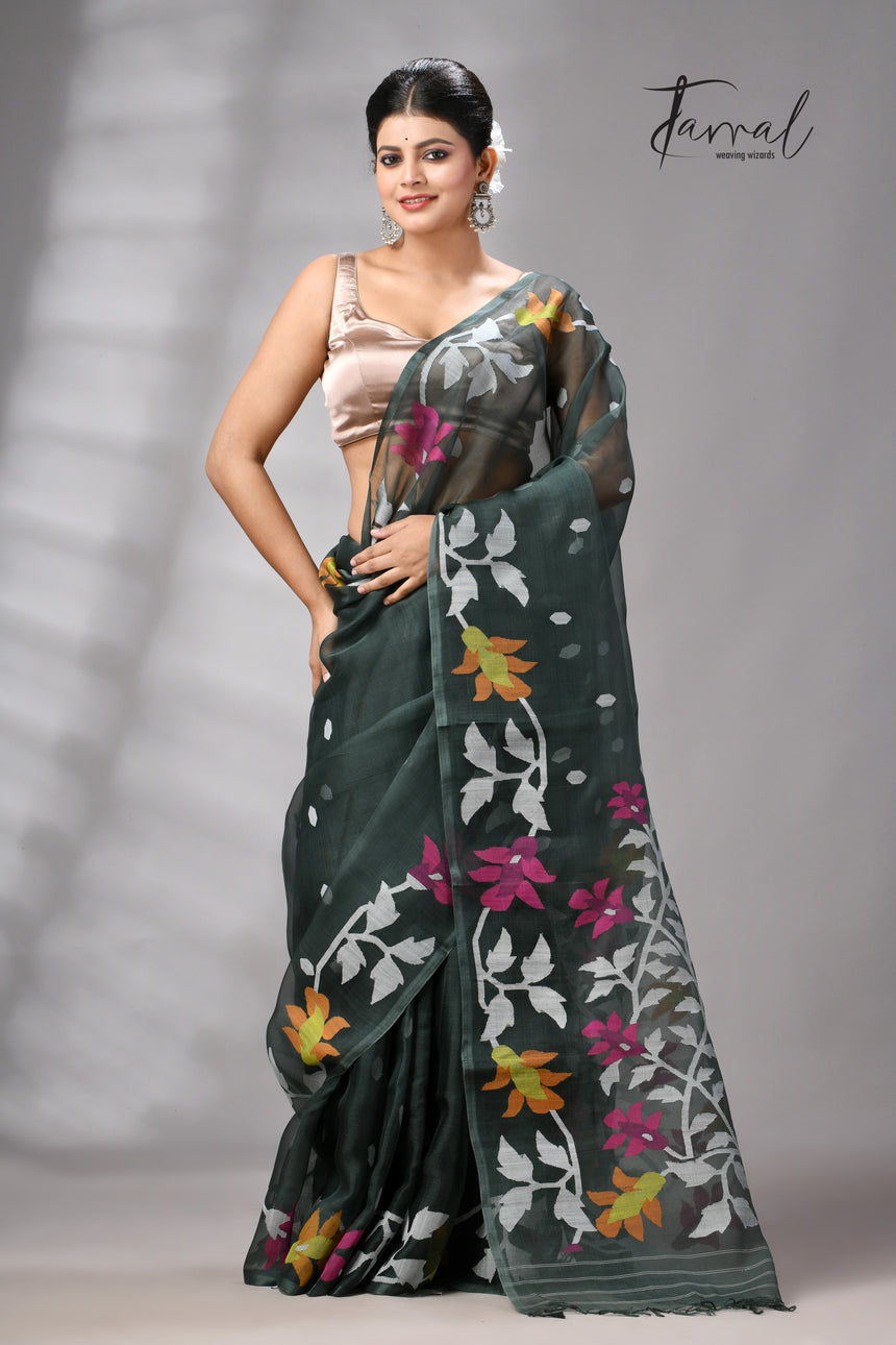 Charcoal Green Muslin Silk Jamdani Saree with Floral Motifs