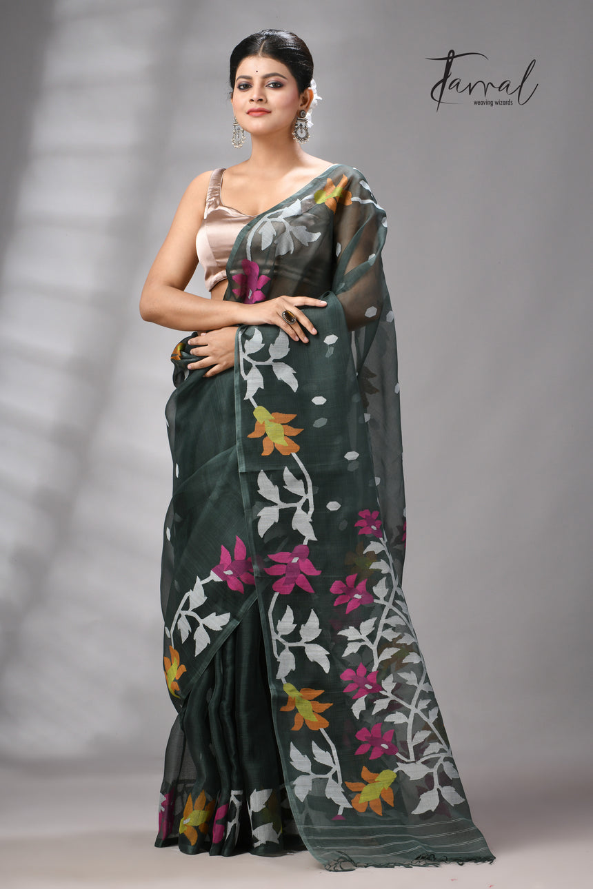 Charcoal Green Muslin Silk Jamdani Saree with Floral Motifs