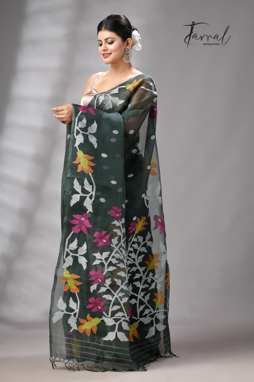 Charcoal Green Muslin Silk Jamdani Saree with Floral Motifs