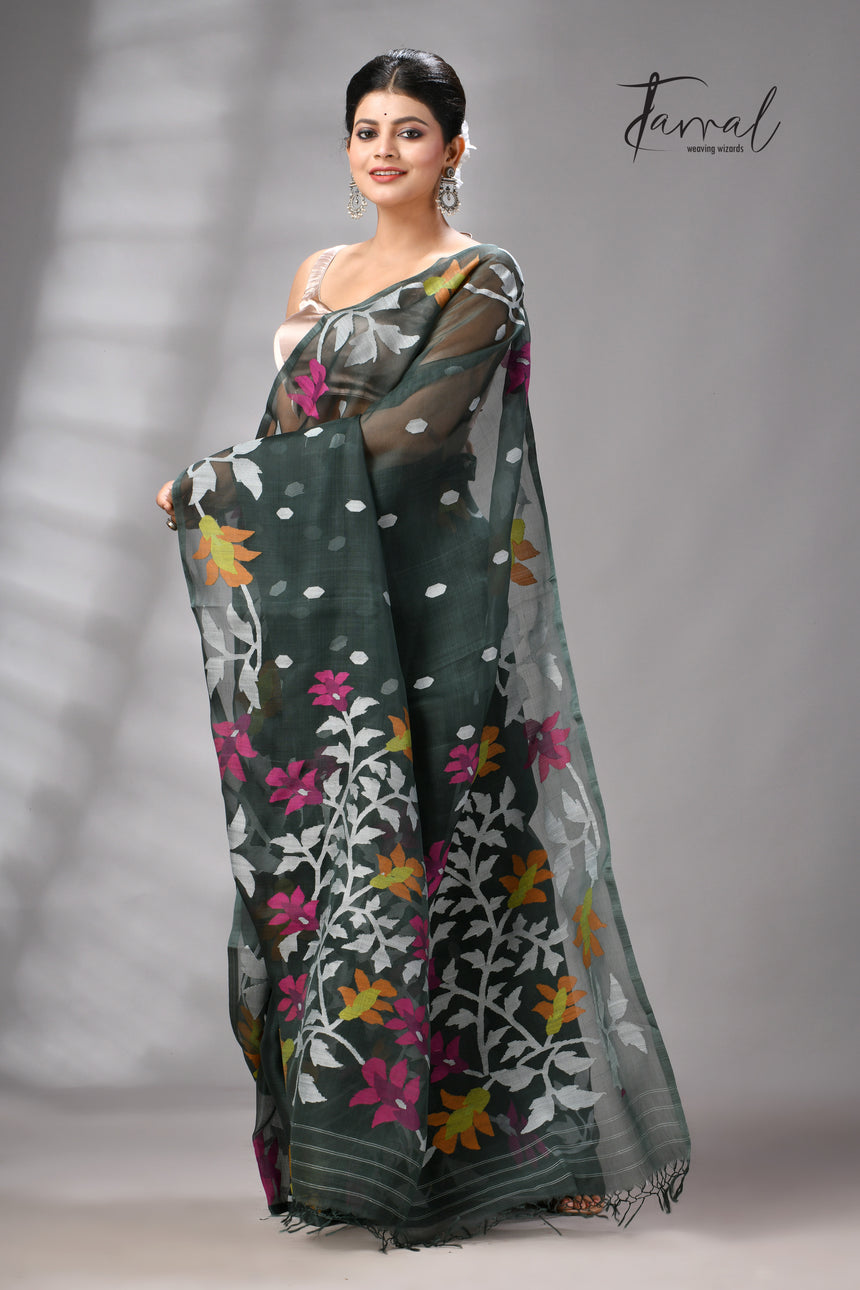 Charcoal Green Muslin Silk Jamdani Saree with Floral Motifs