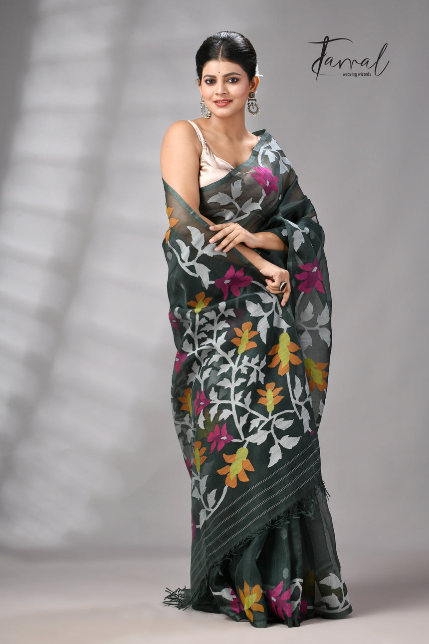 Charcoal Green Muslin Silk Jamdani Saree with Floral Motifs