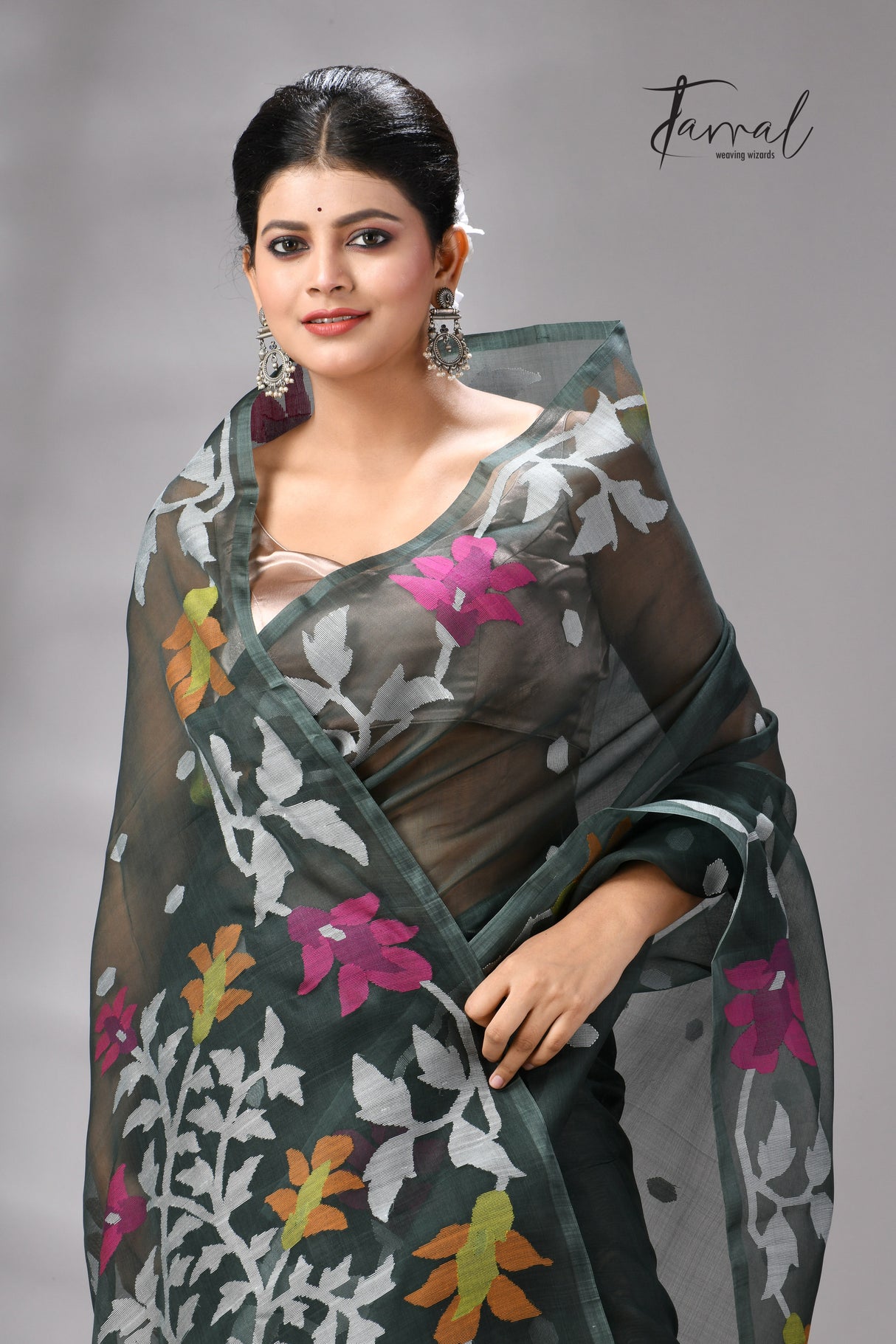 Charcoal Green Muslin Silk Jamdani Saree with Floral Motifs