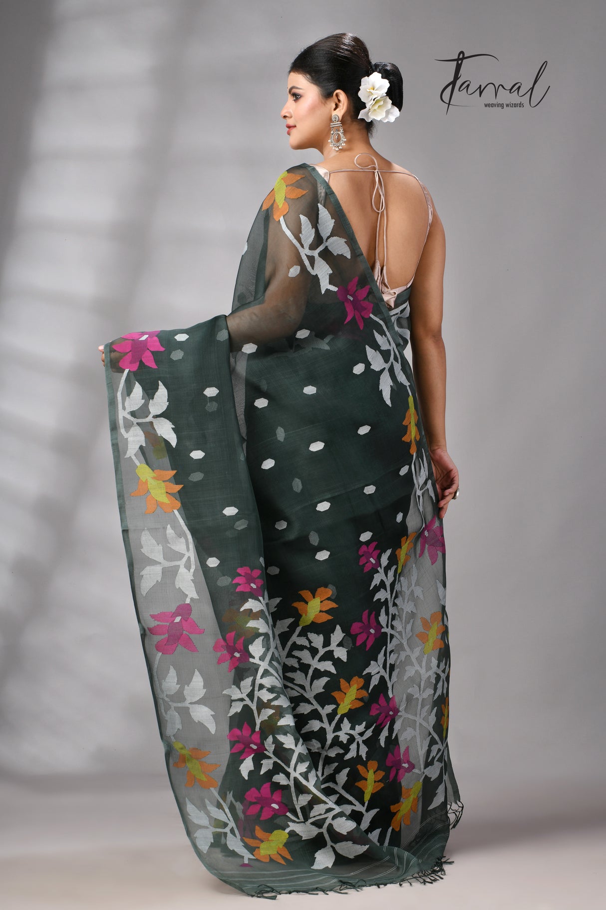 Charcoal Green Muslin Silk Jamdani Saree with Floral Motifs