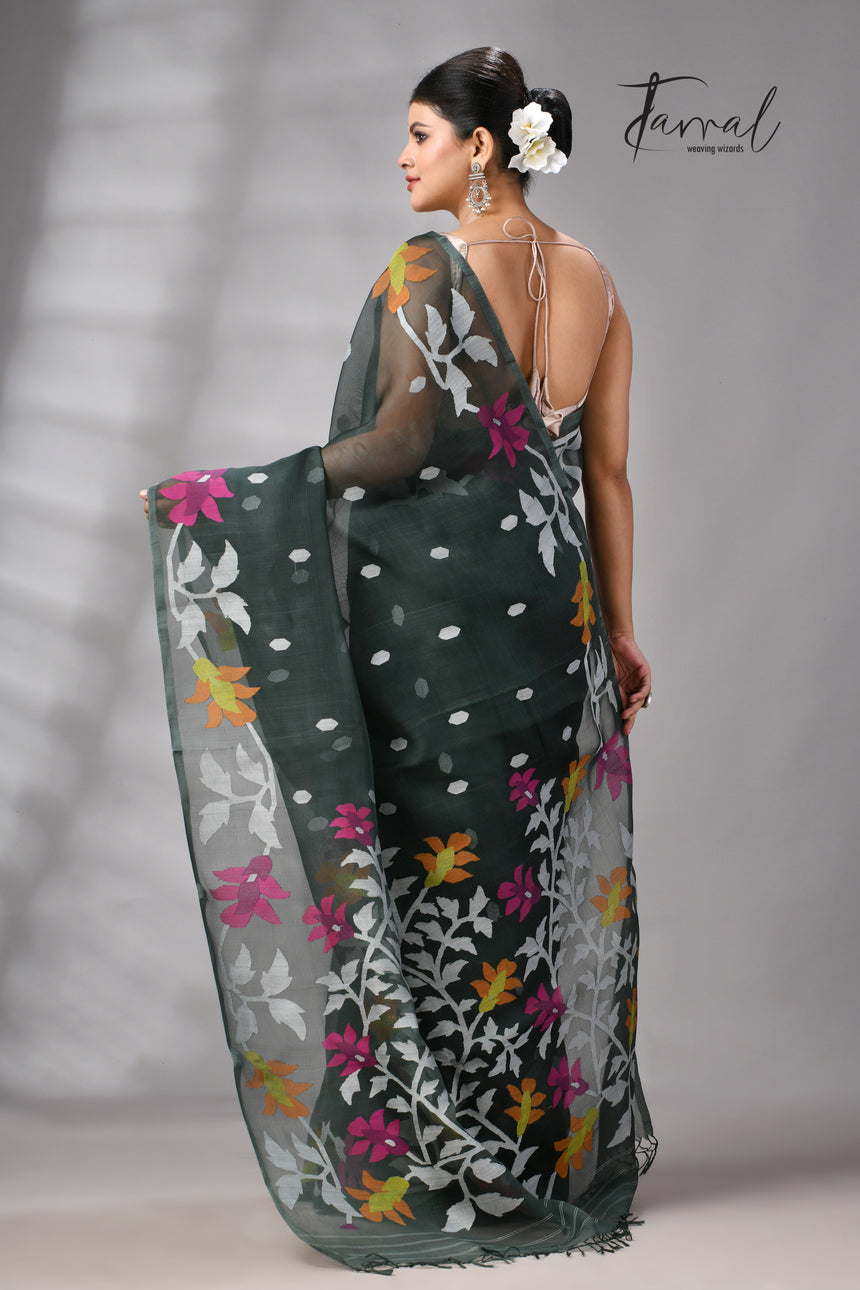 Charcoal Green Muslin Silk Jamdani Saree with Floral Motifs