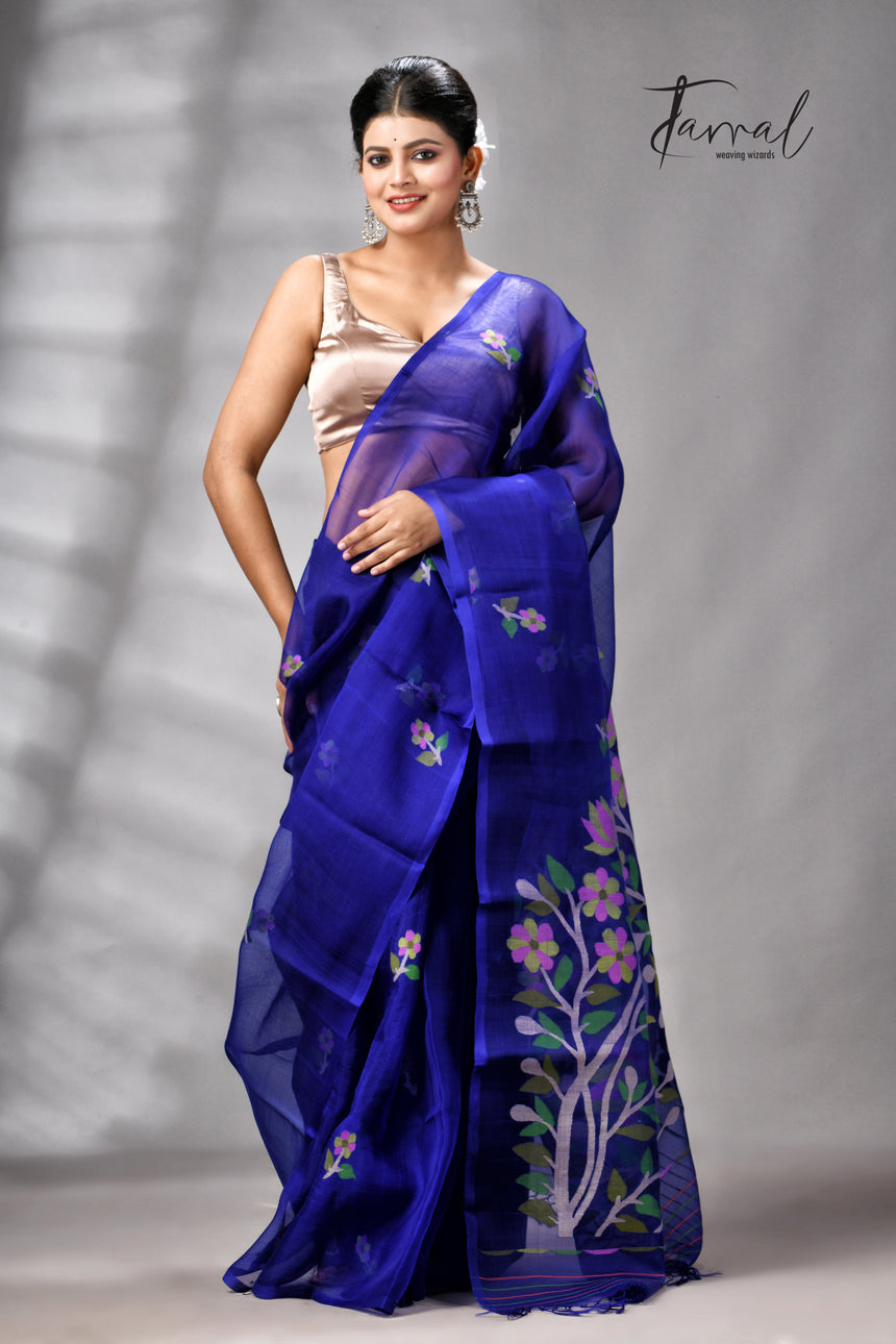 Royal Blue Floral Pallu Muslin Silk Handwoven Jamdani Saree