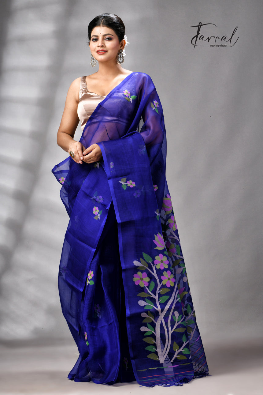 Royal Blue Floral Pallu Muslin Silk Handwoven Jamdani Saree