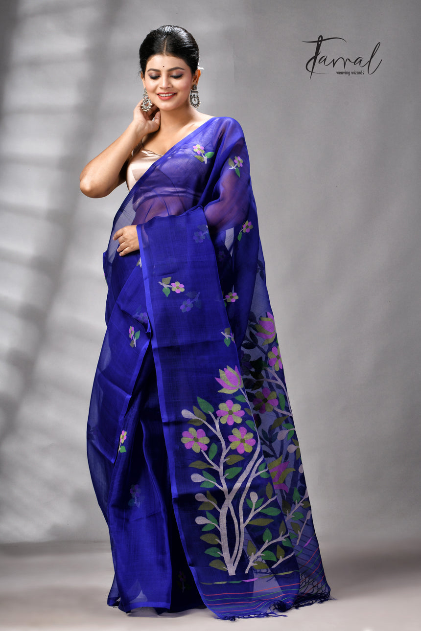 Royal Blue Floral Pallu Muslin Silk Handwoven Jamdani Saree