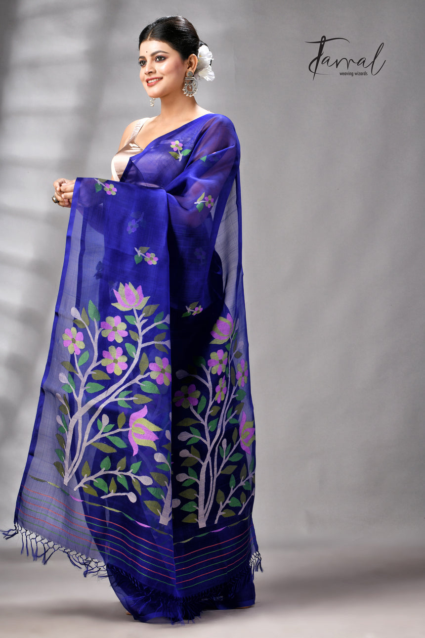 Royal Blue Floral Pallu Muslin Silk Handwoven Jamdani Saree