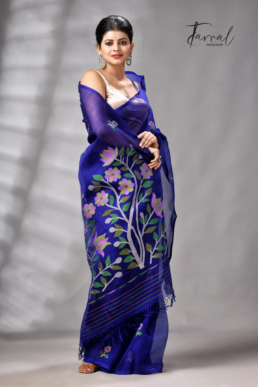 Royal Blue Floral Pallu Muslin Silk Handwoven Jamdani Saree
