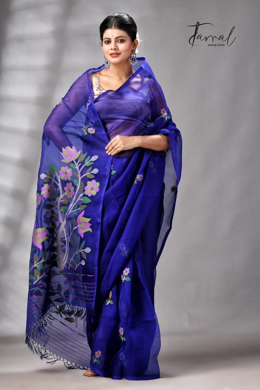 Royal Blue Floral Pallu Muslin Silk Handwoven Jamdani Saree