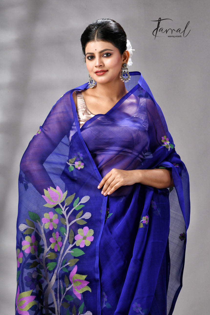 Royal Blue Floral Pallu Muslin Silk Handwoven Jamdani Saree