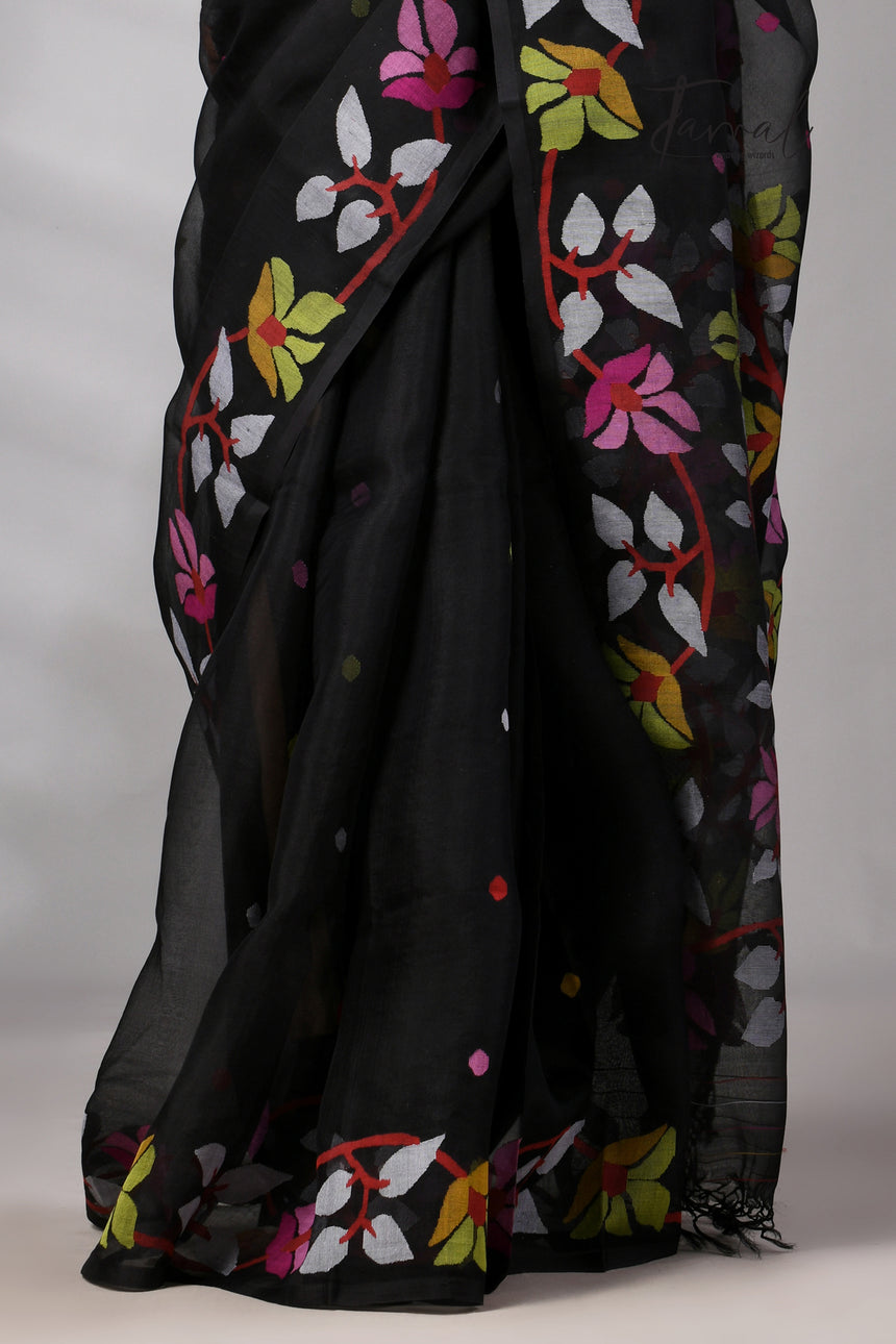 Black with multicolour Muslin Silk Jamdani Saree with Floral Motifs