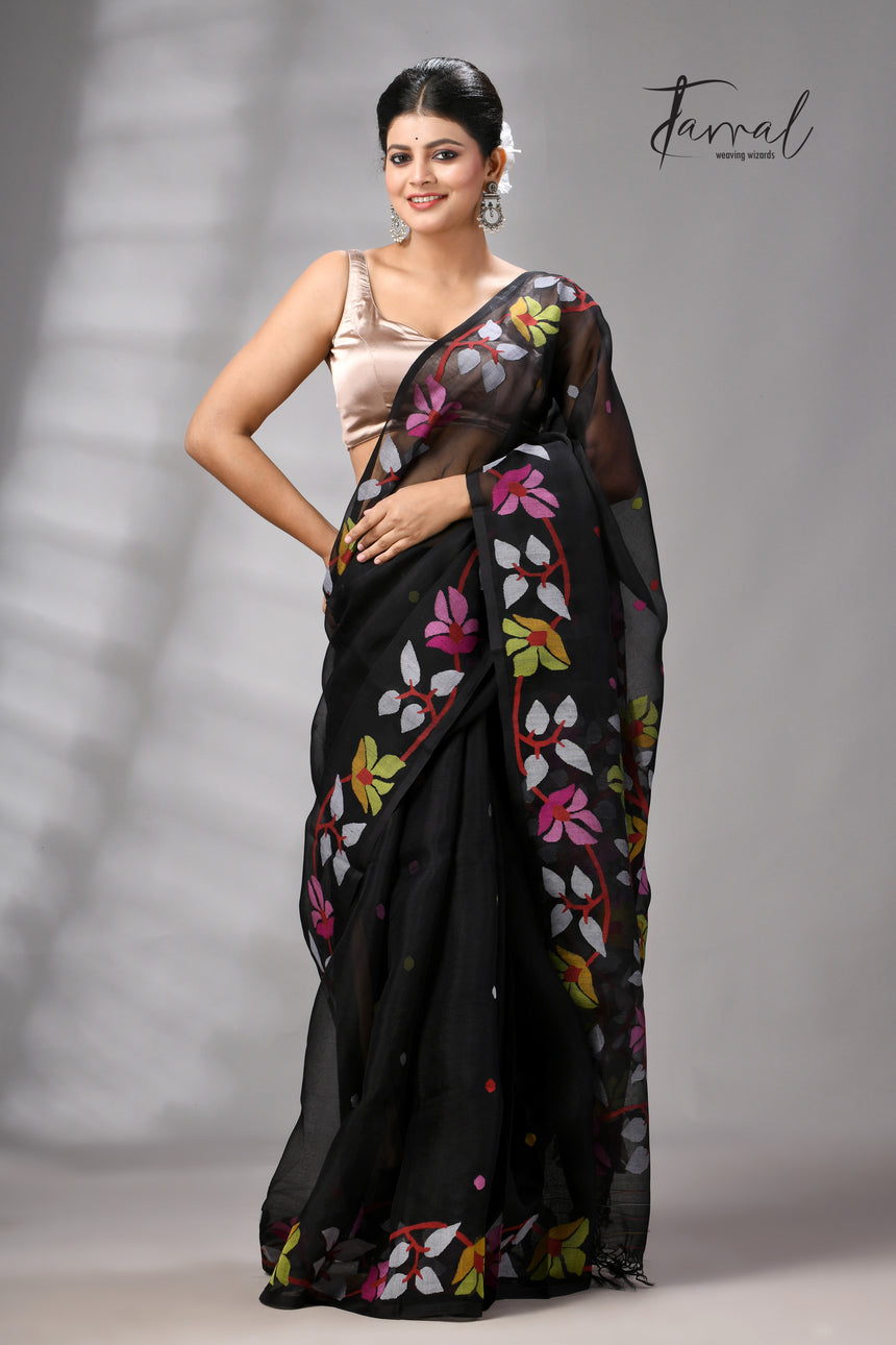 Black with multicolour Muslin Silk Jamdani Saree with Floral Motifs