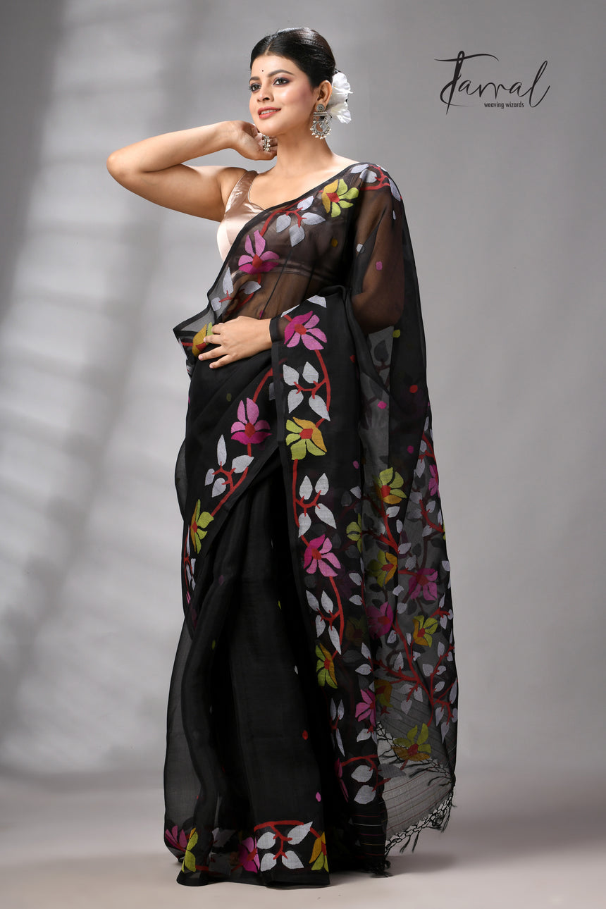 Black with multicolour Muslin Silk Jamdani Saree with Floral Motifs