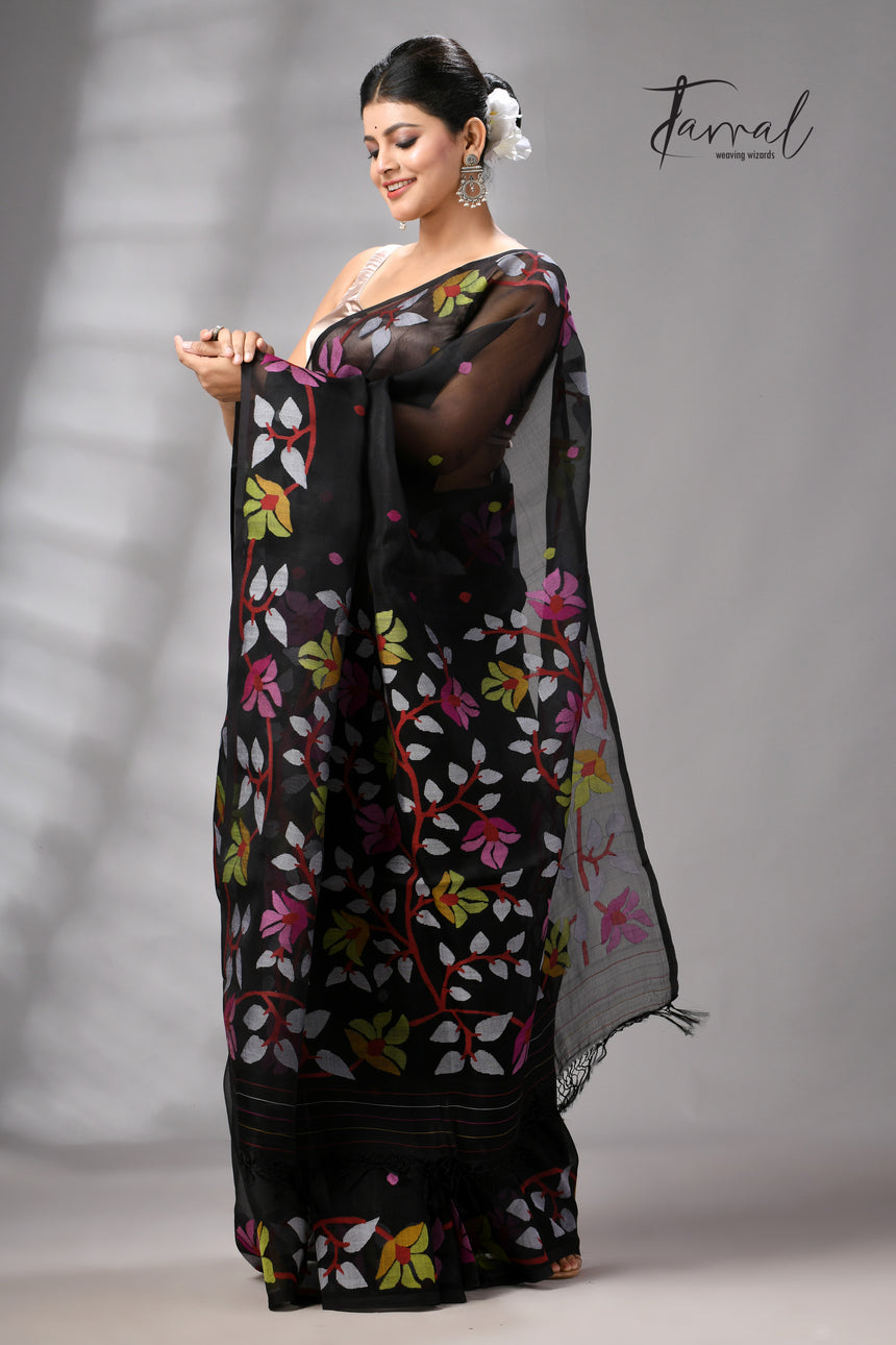 Black with multicolour Muslin Silk Jamdani Saree with Floral Motifs