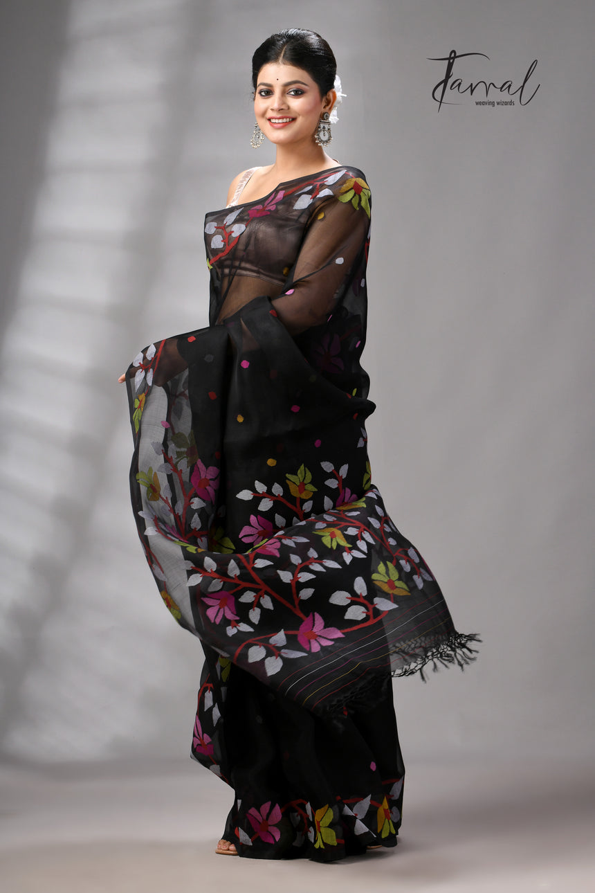 Black with multicolour Muslin Silk Jamdani Saree with Floral Motifs