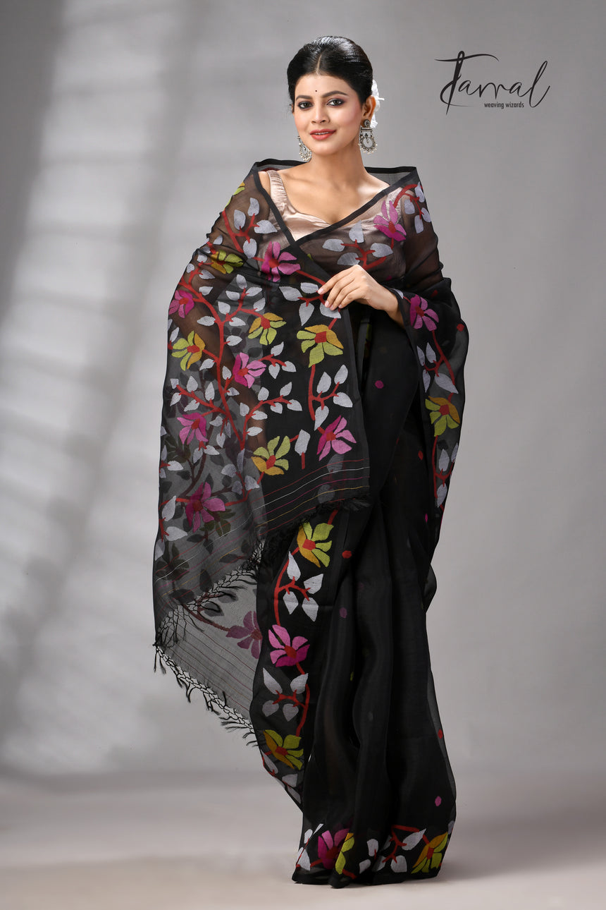 Black with multicolour Muslin Silk Jamdani Saree with Floral Motifs