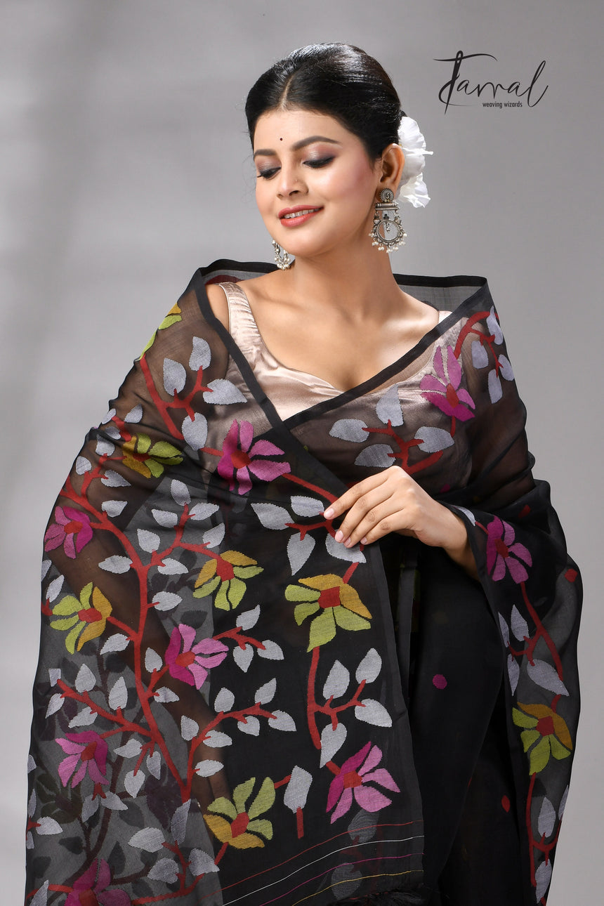Black with multicolour Muslin Silk Jamdani Saree with Floral Motifs