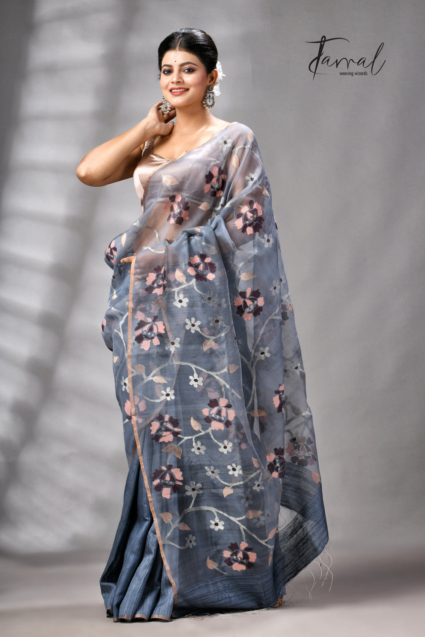 Grey With Silver Zari Work Half Muslin With Half Matka Handwoven Jamdani Saree