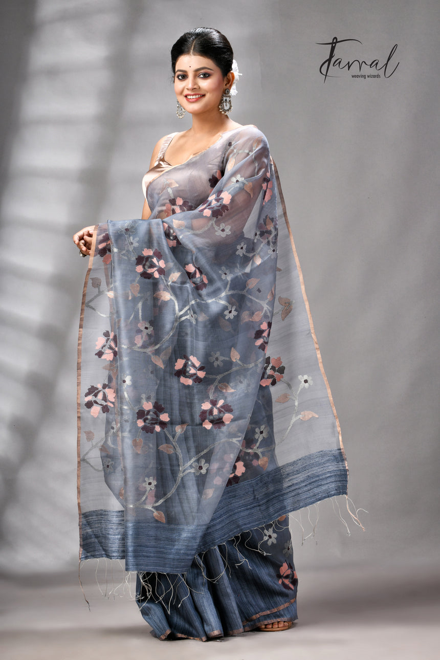 Grey With Silver Zari Work Half Muslin With Half Matka Handwoven Jamdani Saree