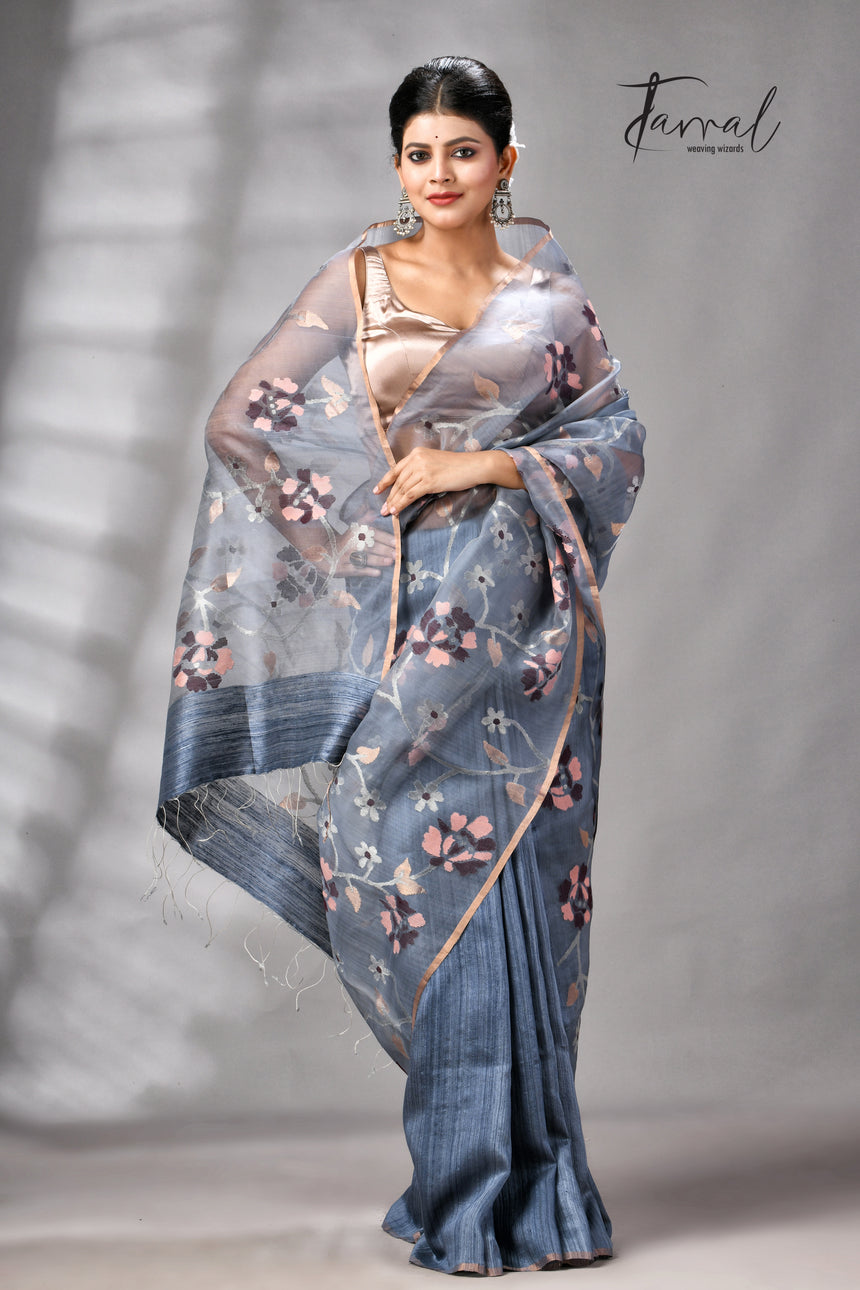 Grey With Silver Zari Work Half Muslin With Half Matka Handwoven Jamdani Saree