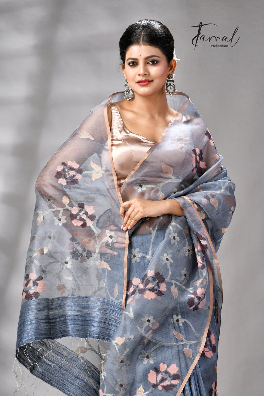 Grey With Silver Zari Work Half Muslin With Half Matka Handwoven Jamdani Saree