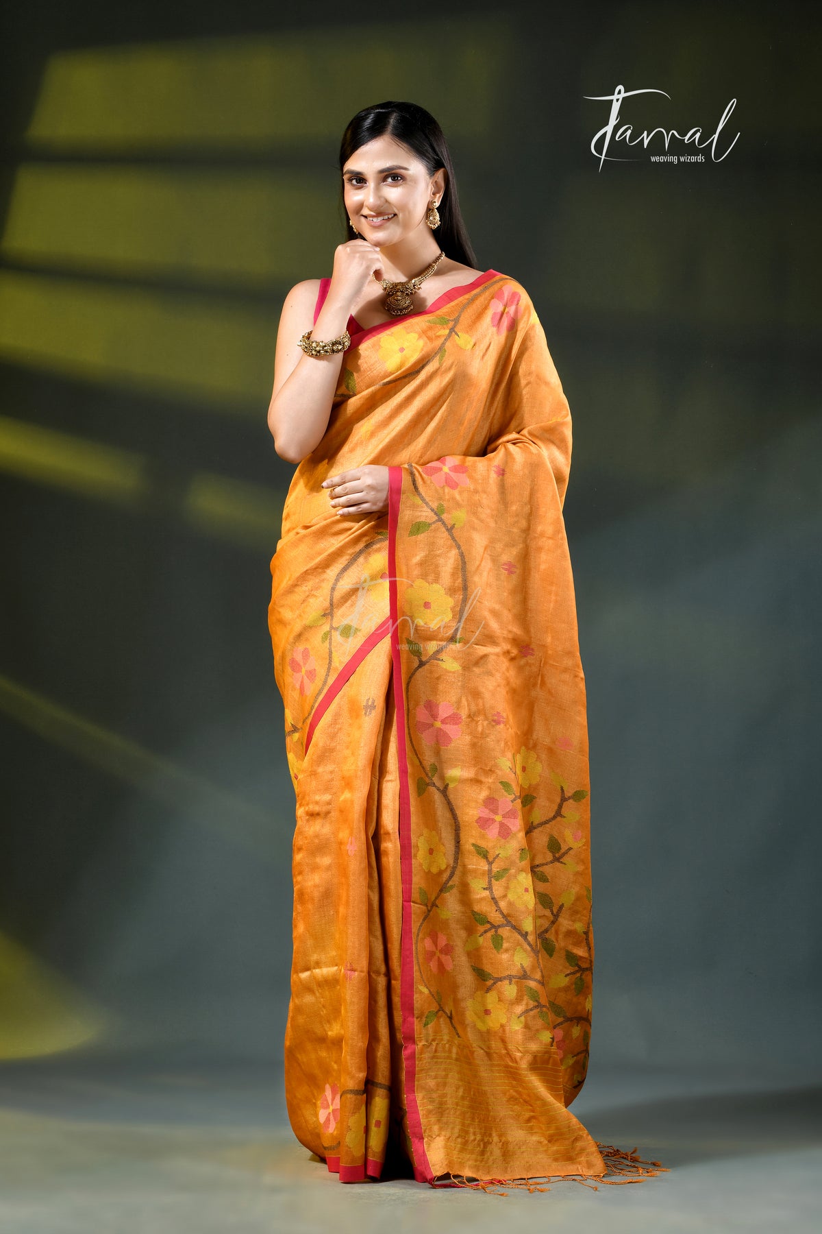 Saffron With Multi Colour Pure Tussar Silk Handwoven Jamdani Saree