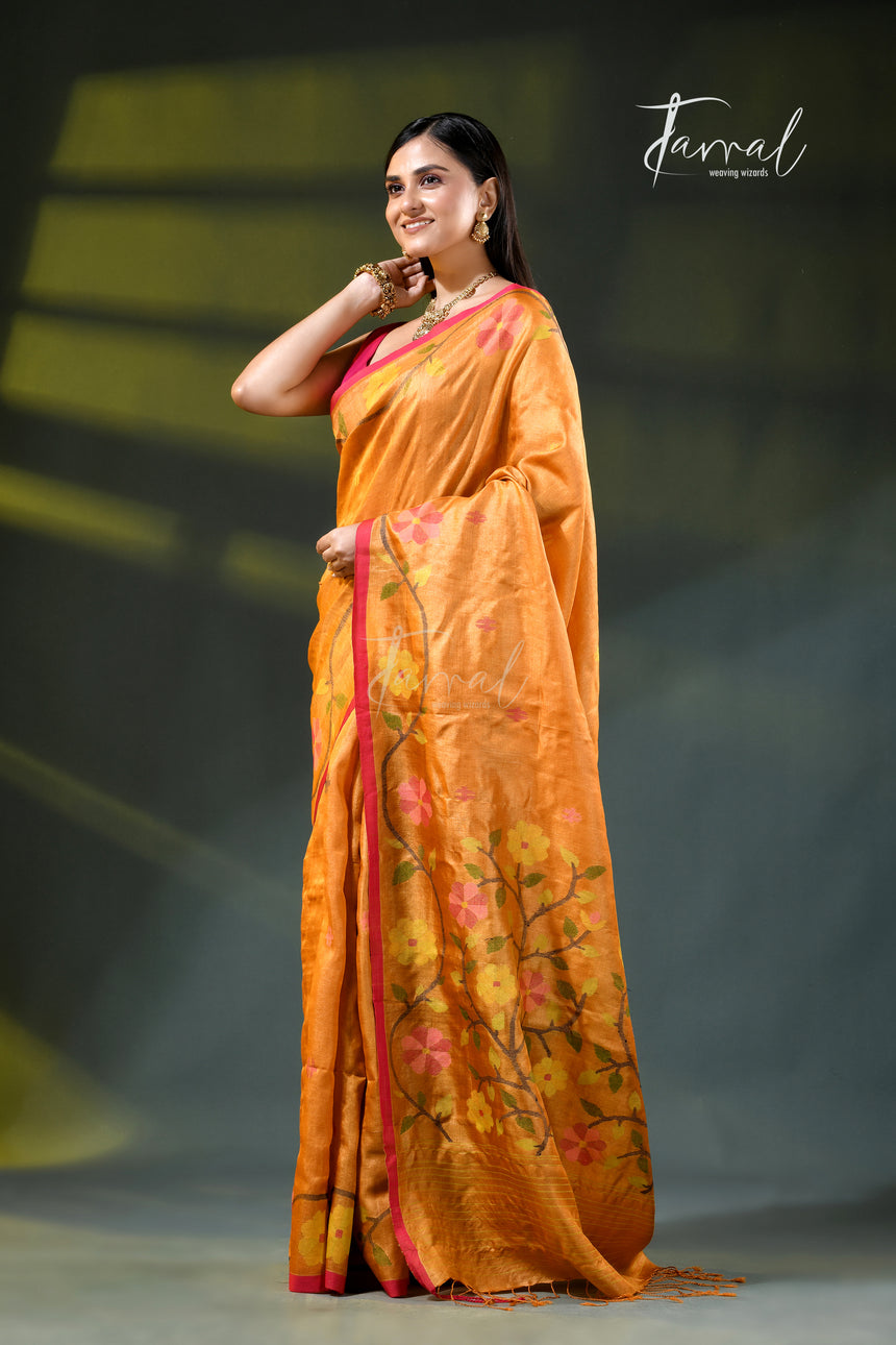 Golden yellow with Rani border pure tussar silk handwoven needlework jamdani saree