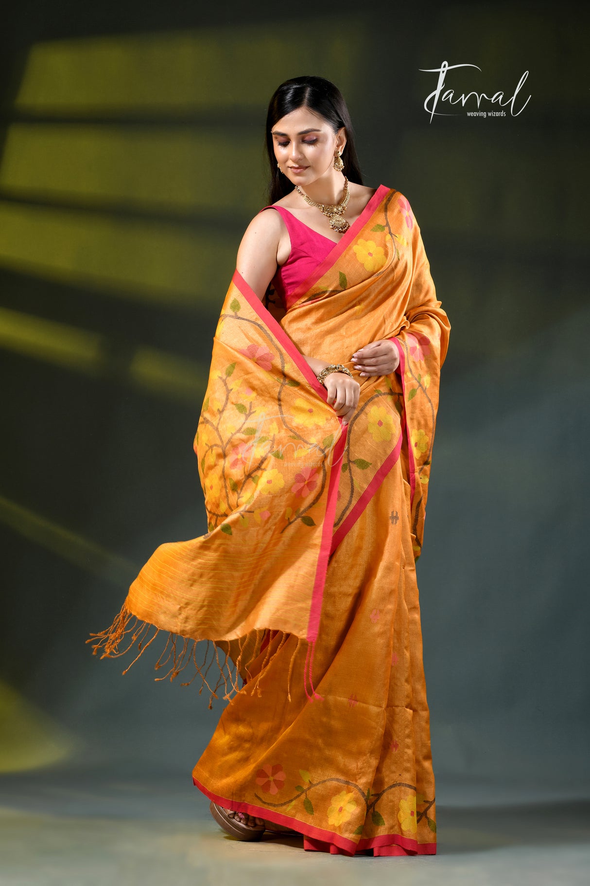 Golden yellow with Rani border pure tussar silk handwoven needlework jamdani saree