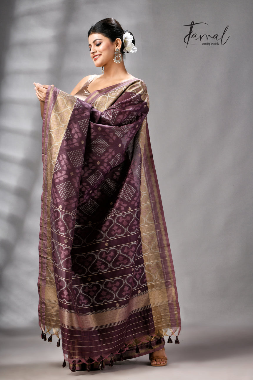 Chocolate Brown Raw Silk Pochampally Weaved Saree