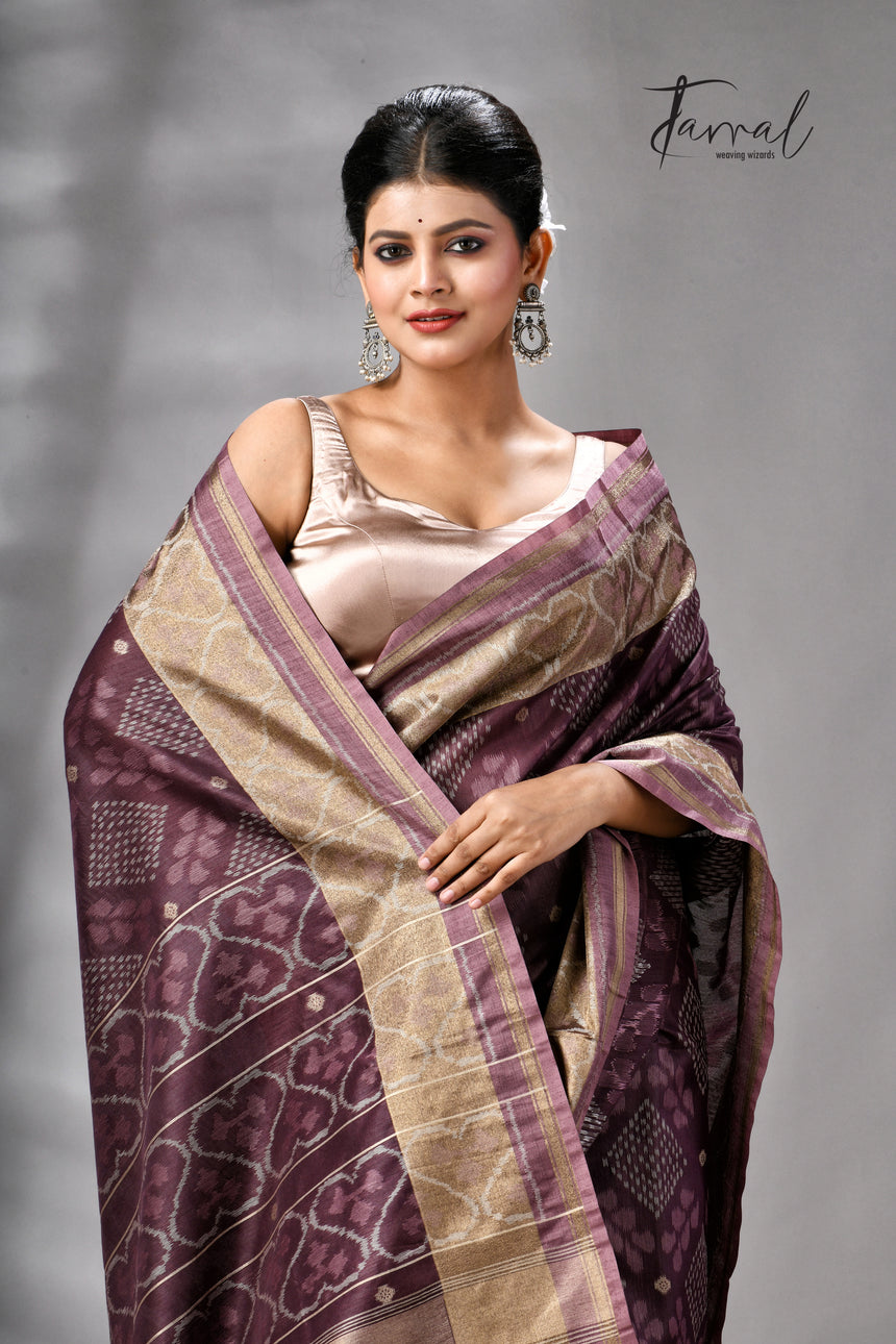 Chocolate Brown Raw Silk Pochampally Weaved Saree