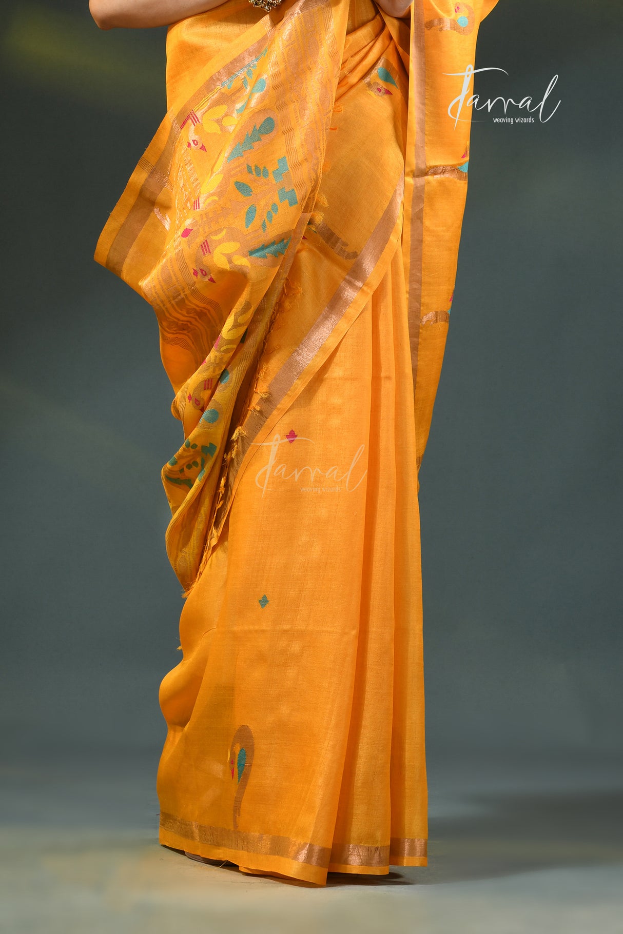 Golden yellow with Rani border pure tussar silk handwoven needlework jamdani saree