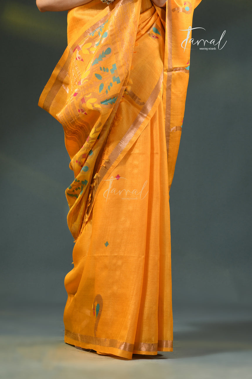 Golden yellow with Rani border pure tussar silk handwoven needlework jamdani saree