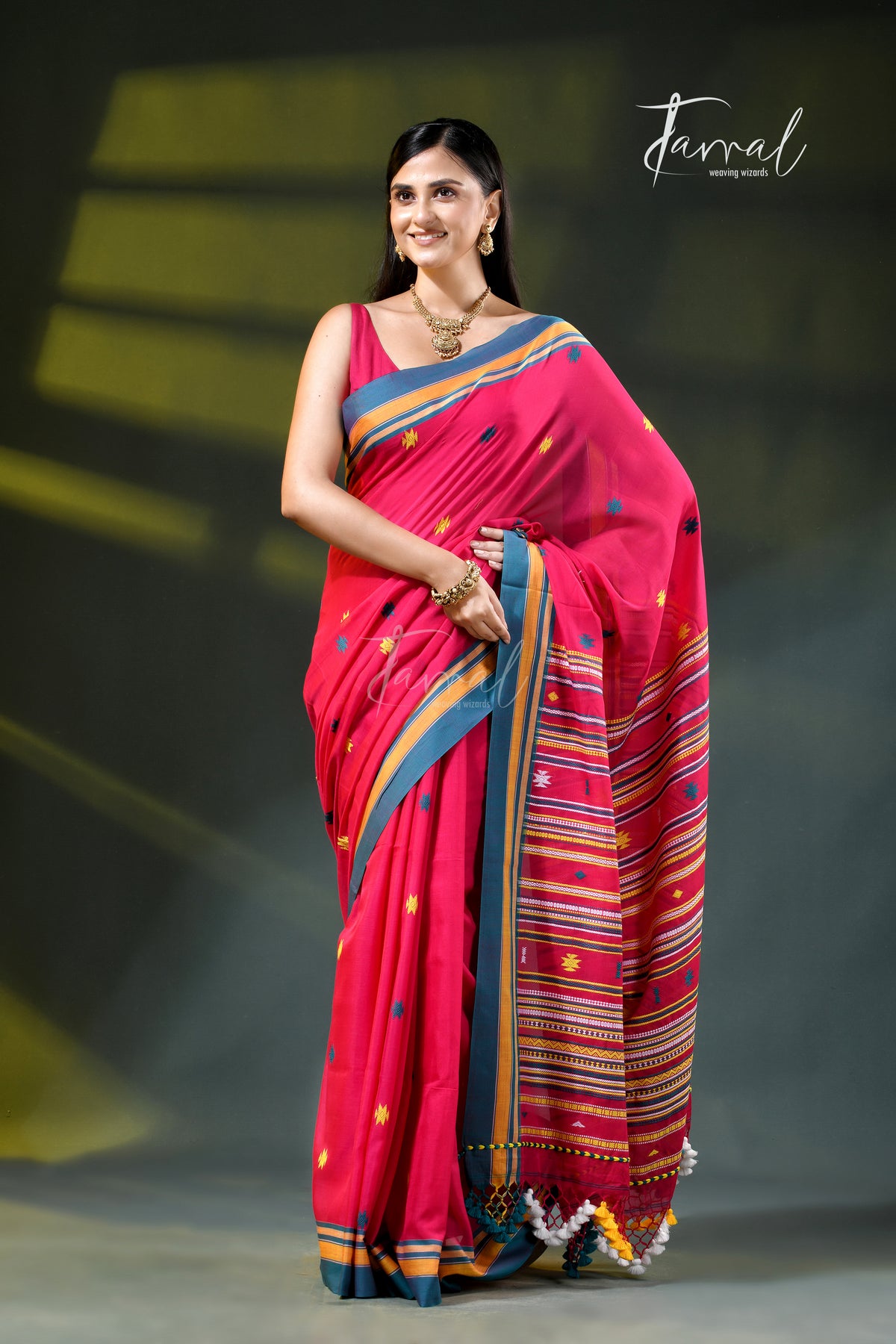 Red Golden Zari Border Cotton Bhujori Handloom Saree | Tamal Boutique