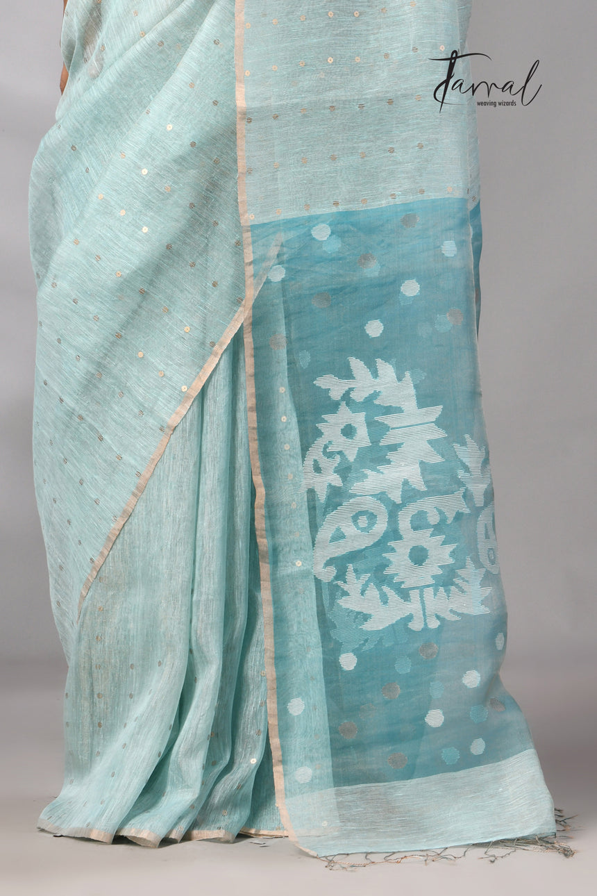 Sea Blue tissue silk linen handwoven needle work jamdani saree