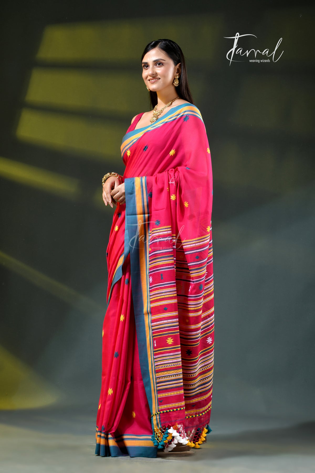 Red Golden Zari Border Cotton Bhujori Handloom Saree | Tamal Boutique