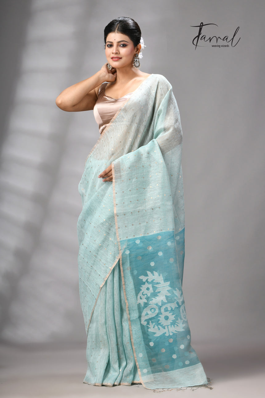 Sea Blue Tissue Silk Linen Handwoven Needle Work Jamdani Saree