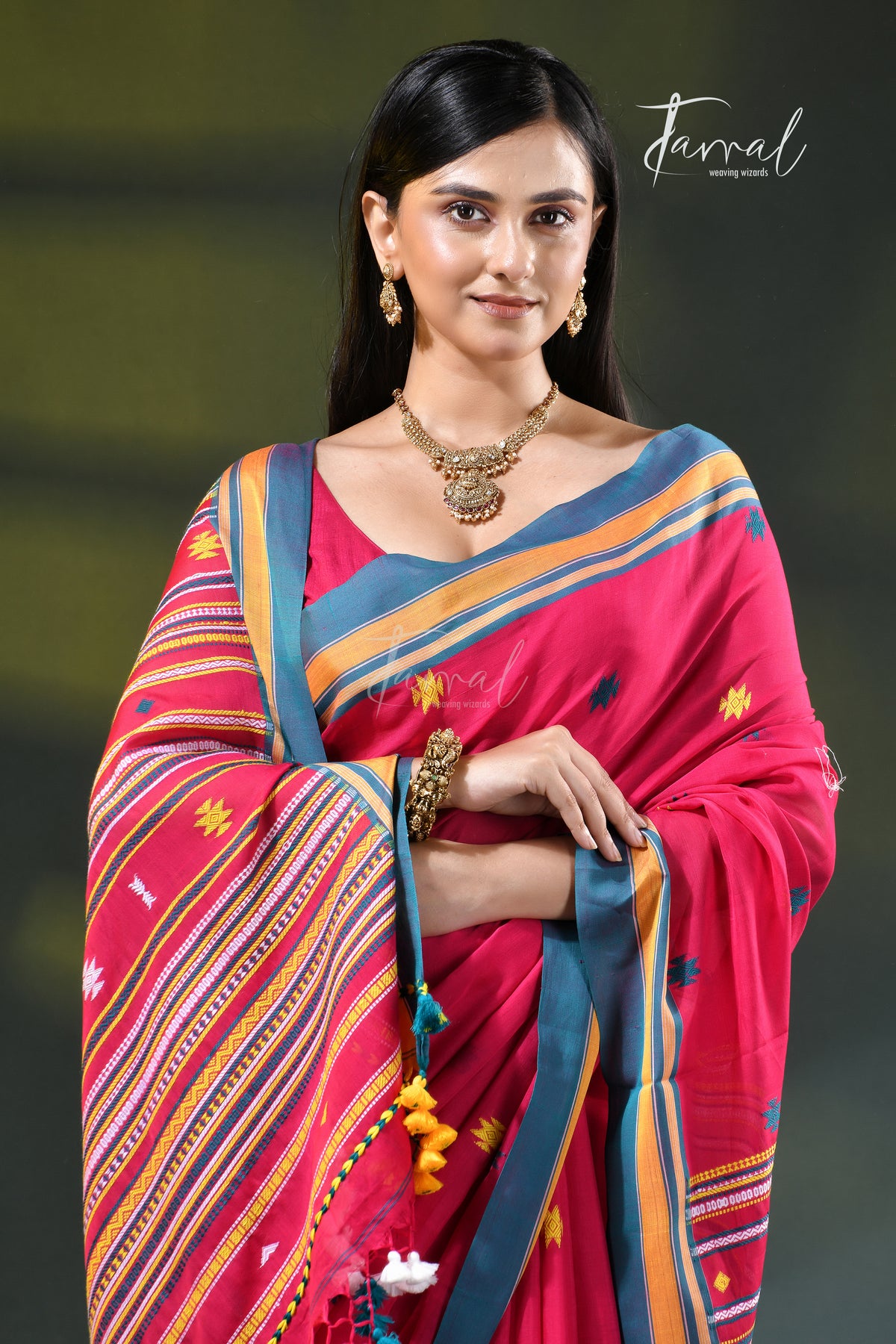 Red Golden Zari Border Cotton Bhujori Handloom Saree | Tamal Boutique