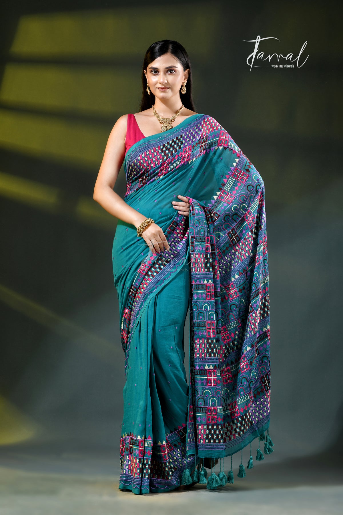 Deep turquoise mulmul cotton lambani embroidery saree