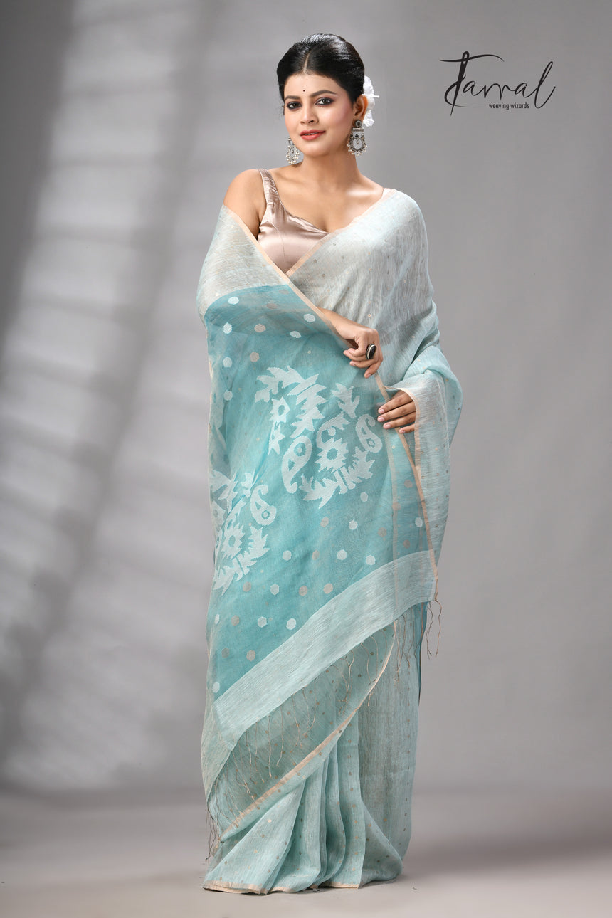 Sea Blue Tissue Silk Linen Handwoven Needle Work Jamdani Saree