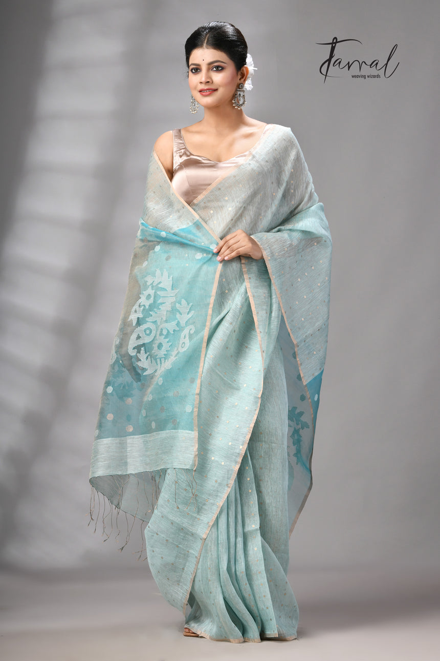 Sea Blue Tissue Silk Linen Handwoven Needle Work Jamdani Saree