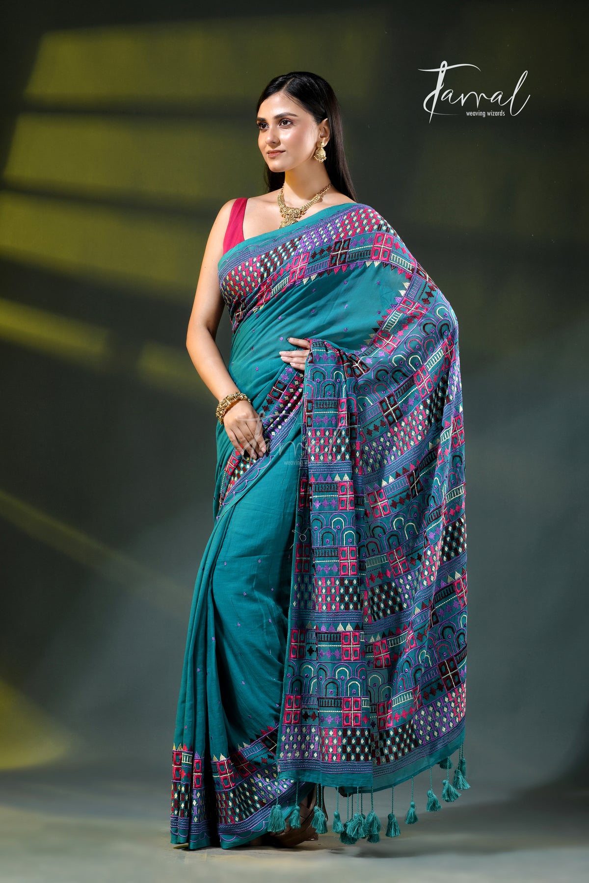 Deep turquoise mulmul cotton lambani embroidery saree