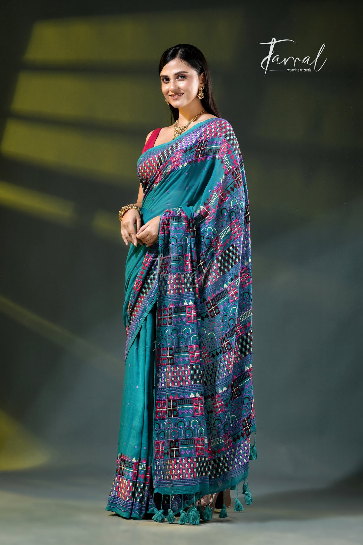 Deep turquoise mulmul cotton lambani embroidery saree