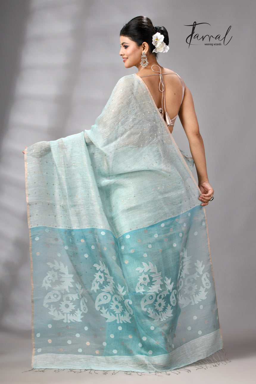 Sea Blue Tissue Silk Linen Handwoven Needle Work Jamdani Saree