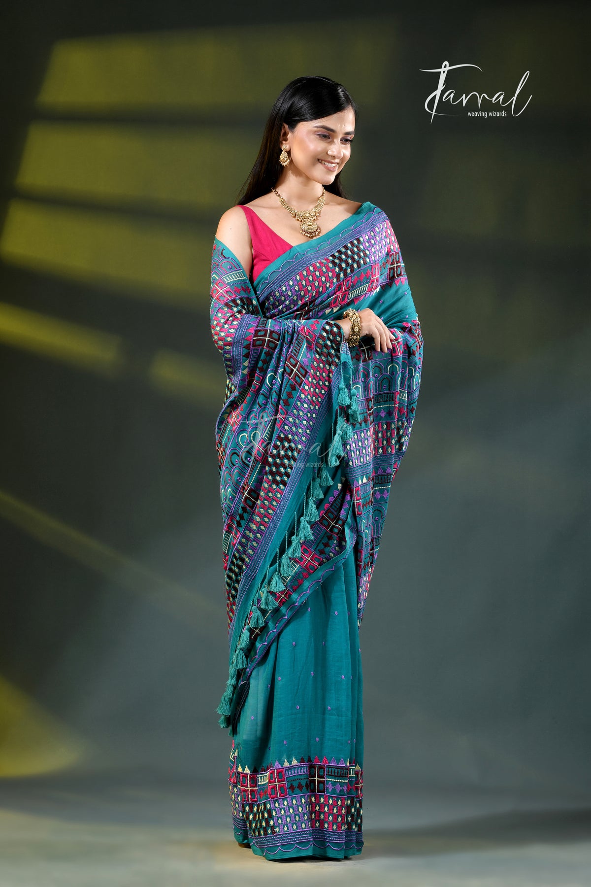 Deep turquoise mulmul cotton lambani embroidery saree