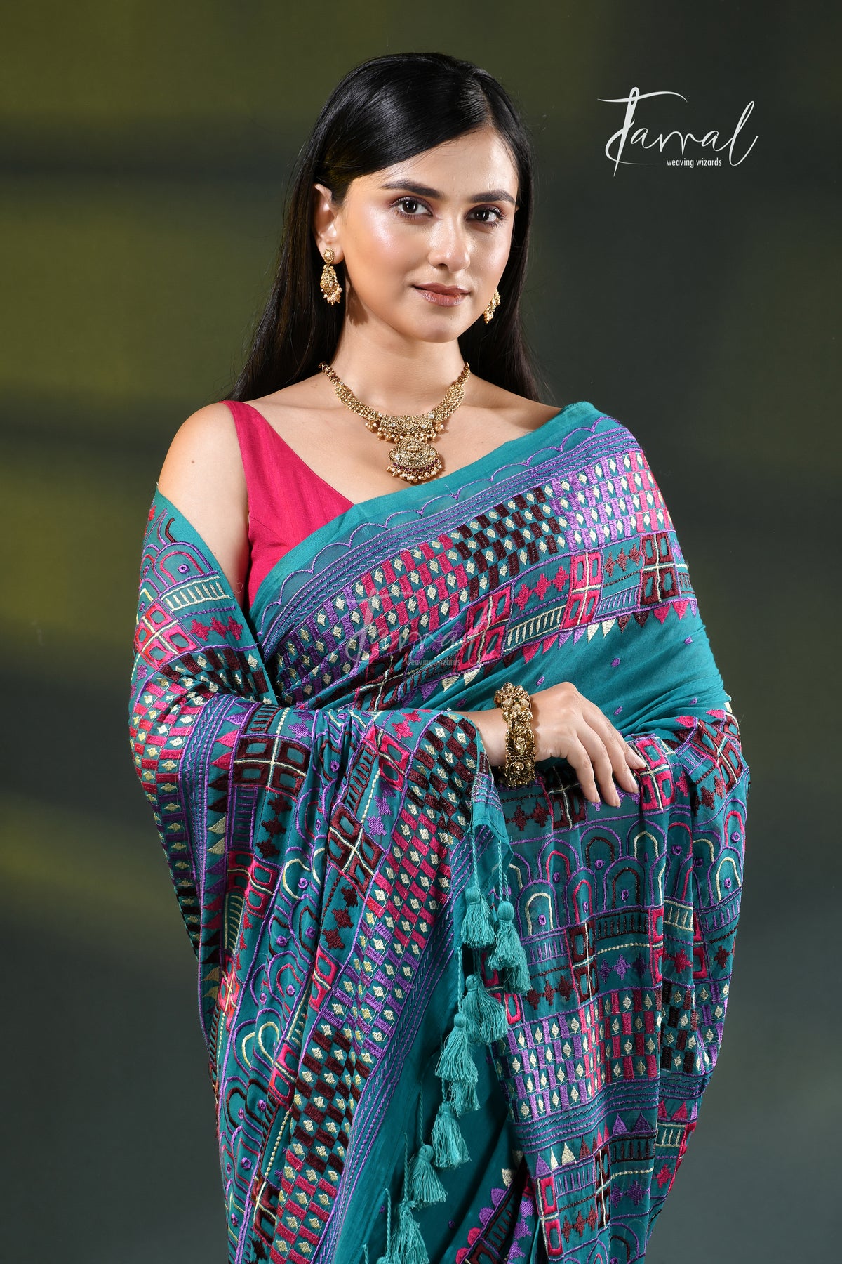 Deep turquoise mulmul cotton lambani embroidery saree