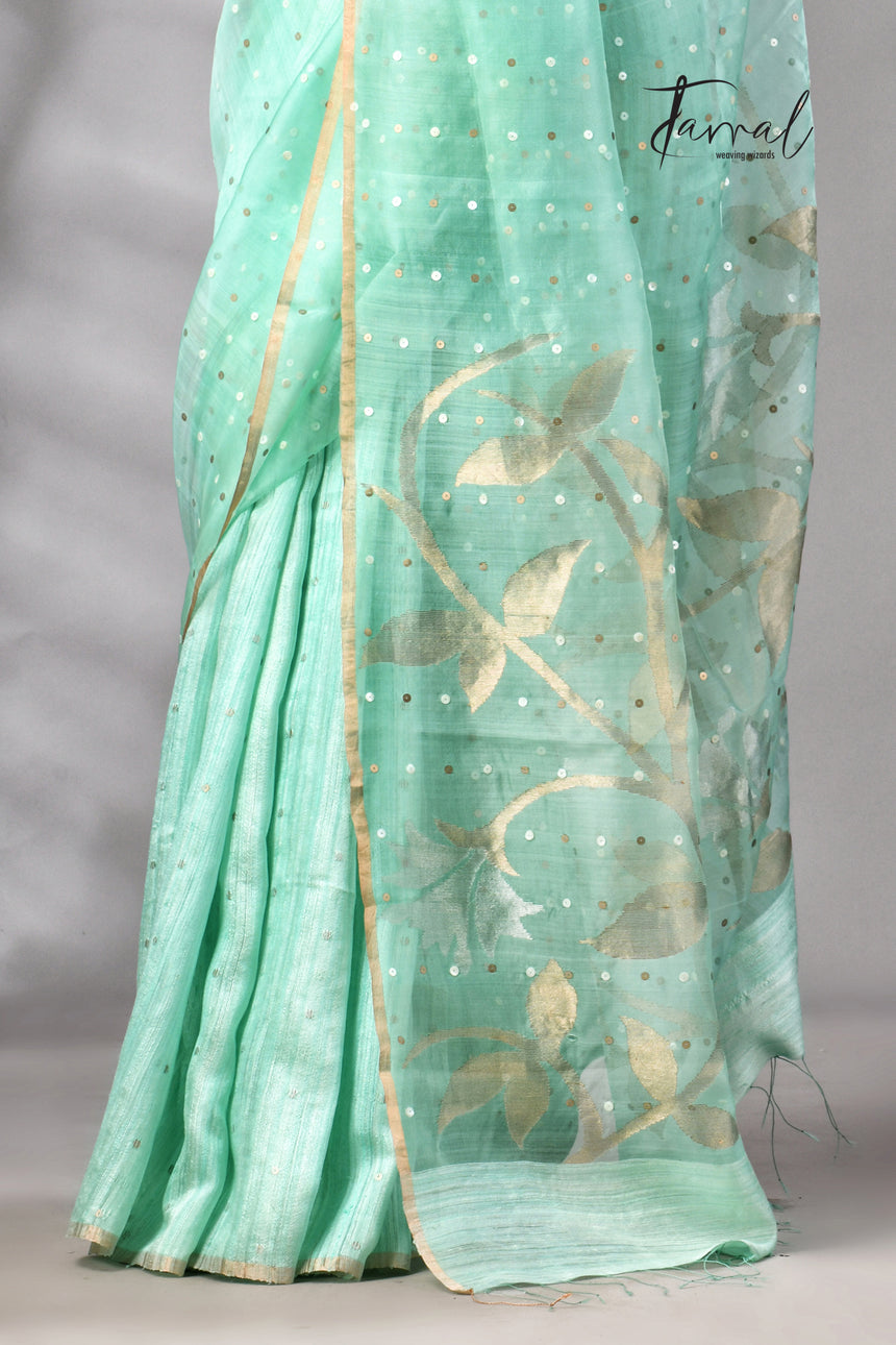 Sea Green Half Muslin & Half Matka Silk Handwoven Jamdani With Sequins Work Saree